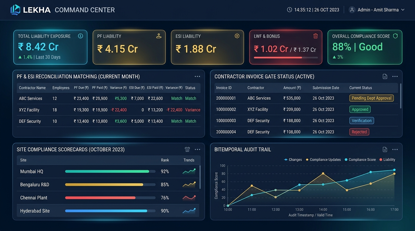 LEKHA command center showing total liability exposure, PF and ESI reconciliation, contractor invoice gate status and site compliance scorecards
